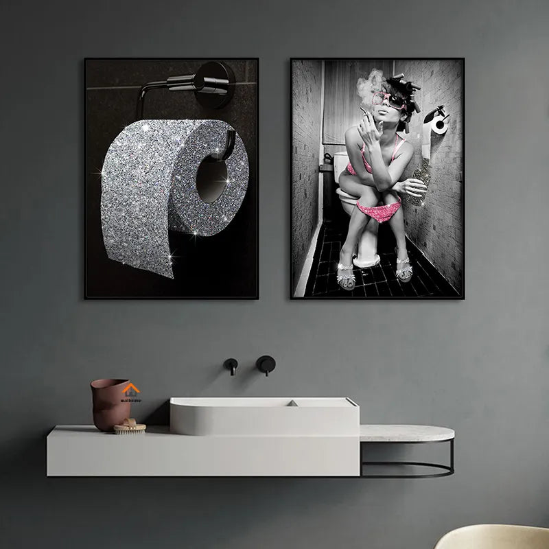 Poster WC Toilet Decoration Wall Art Sexy Naked Woman Fashion Decorative Paintings Bling Roll Paper Canvas Pictures For Bathroom - NICEART