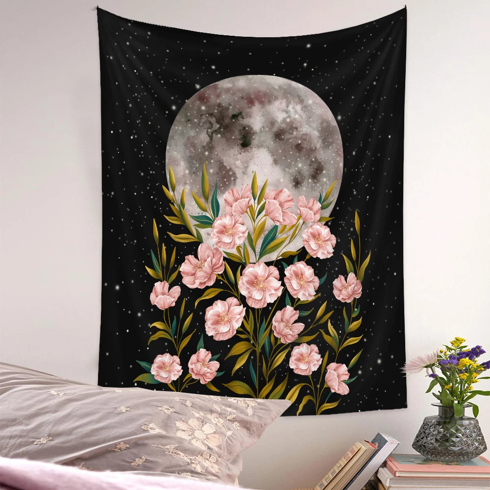 75x58cm Night Moon Phas Botanical Celestial Floral Wall Tapestry Wall Hanging Psychedelic Witchcraft Butterfly Wall Carpet Dorm - NICEART