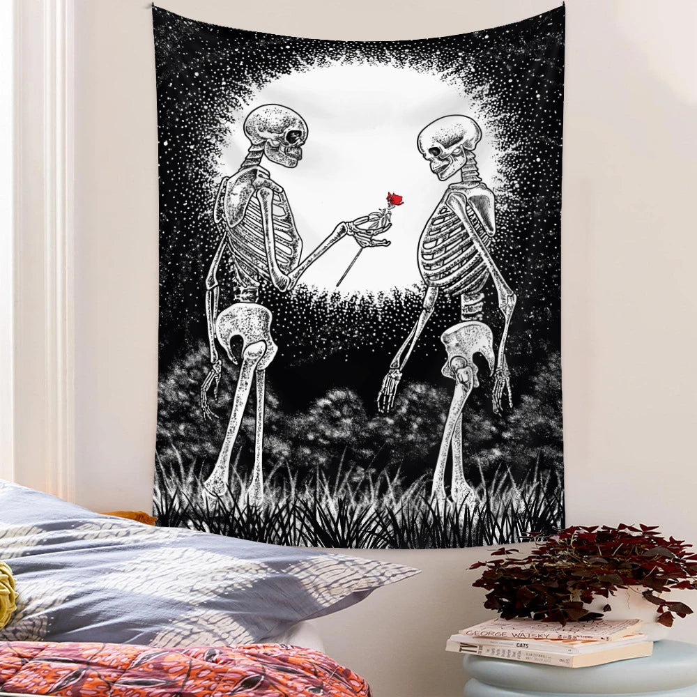 Print Skull Couple Wedding Tapestry Tarot Card Star Moon Psychedelic Divination Bohemian Wall Cloth Skeleton Rose Flower Blanket