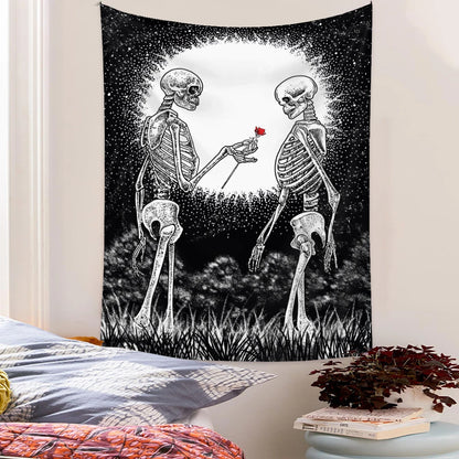 Print Skull Couple Wedding Tapestry Tarot Card Star Moon Psychedelic Divination Bohemian Wall Cloth Skeleton Rose Flower Blanket