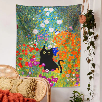 Garden Cat Tapestry Wall Hanging Oil Painting Garden Plants Flowers Cute Cat Psychedelic Bohemia Room Art Home Decor Gift