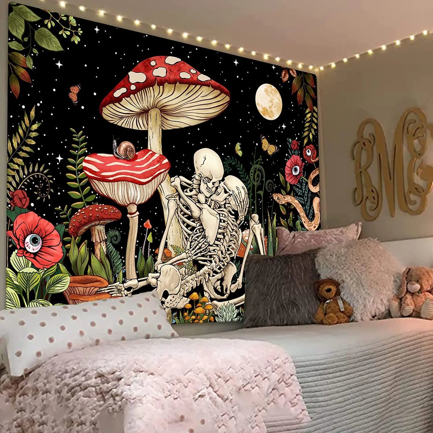 Mushroom Skull Tapestry Wall Hanging Skeleton Floral Tapestries Aesthetic Room Decor Trippy Plant Nature Art Bedroom Decoration