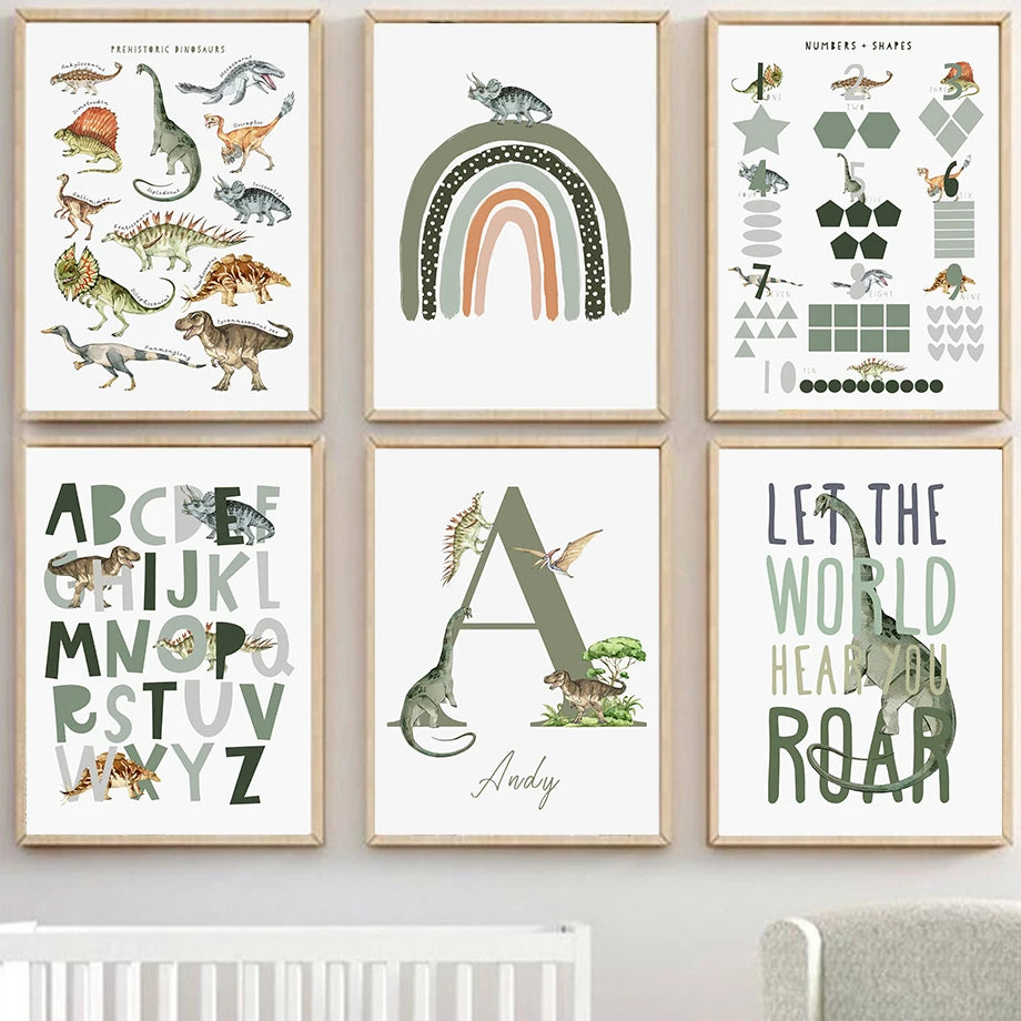 Cartoon Dinosaur Digital ABC Rainbow Pattern Posters Prints Canvas Art Wall Decoration Home Paintings Baby Kids For Living Room - niceart