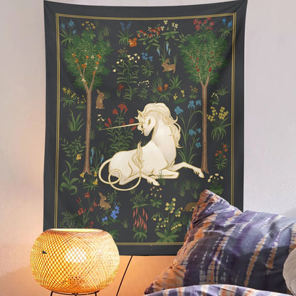 Mythical Unicorn Tapestry Wall Hangings Forest Fantasy Aesthetic Room Decor Heraldic Medieval Tapestry Art Fairytale Anime Decor