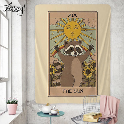 Raccoon Tarot Tapestry Phycadelic Wall Hanging Mysterious Art Wall Boho Witchcraft Hippie Kawaii Aesthetic Room Home Decor