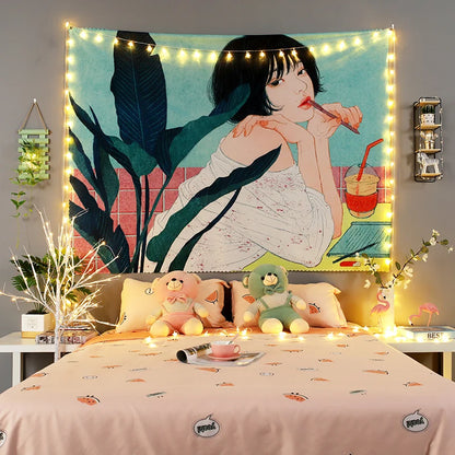 Kawaii Home Decor Wall Hanging Tapestry Anime Pink Girl Tapestry Wall Bedroom Background Decor Cute Fashion Lady Tapestries