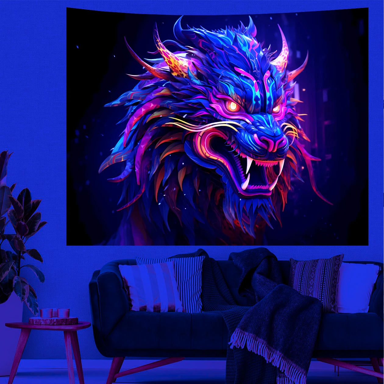 Animal UV Reactive Tapestry Psychedelic Dragon Lion Tiger Cat Tapestries Hippie  Aesthetic Wall Hanging Room Decor Party Decor - NICEART