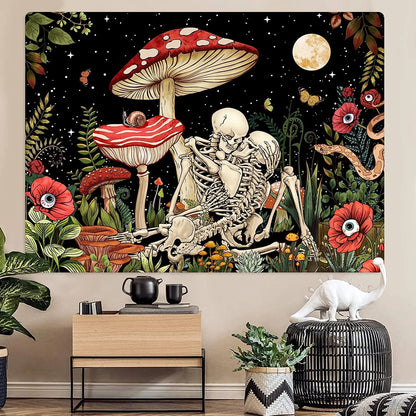 Mushroom Skull Tapestry Wall Hanging Skeleton Floral Tapestries Aesthetic Room Decor Trippy Plant Nature Art Bedroom Decoration