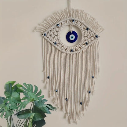 Bohemian Hand-woven Wall Hanging Tapestry with Evil Eye Pendant for Living Room Bedroom Hallway Study Room Decor Amulet Pendant