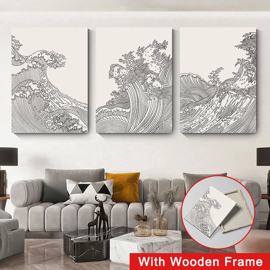 Framed Nordic Black and White Canvas Painting Lines Abstract Sea Waves Japanese Style Homestay Posters Wall Pictures Home Decor - NICEART