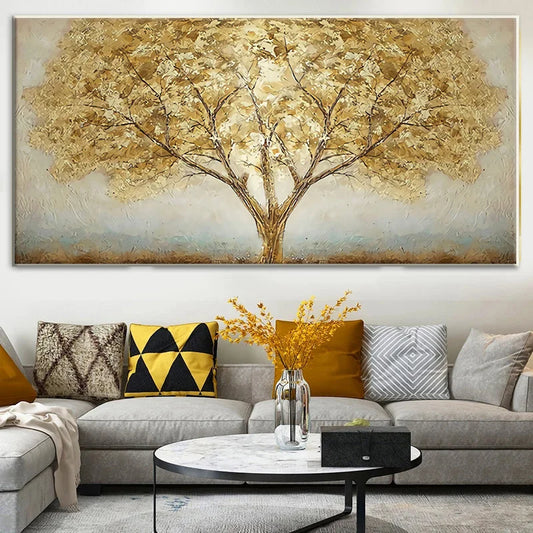 Abstract Gold Tree Oil Painting on Canvas Landscape Poster Print Modern Nordic Plant Wall Art Picture Living Room Office Decor - NICEART