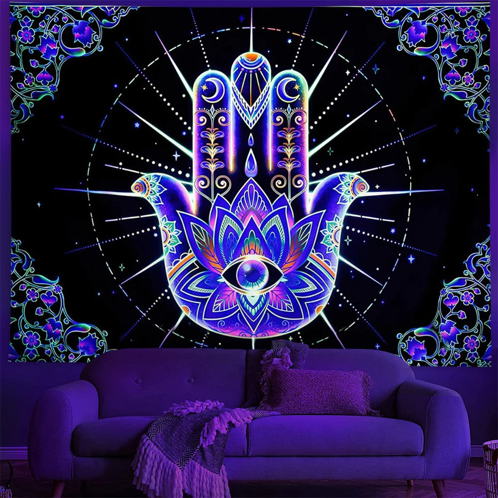 Fluorescent Tapestry Hippie Home Decor   UV Reactive Psychedelic  Wall Hanging Boho Style