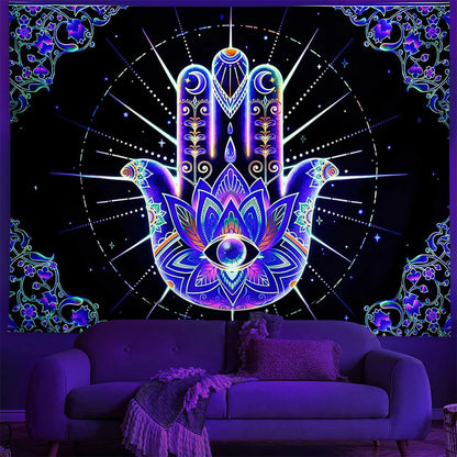 Fluorescent Tapestry Hippie Home Decor   UV Reactive Psychedelic  Wall Hanging Boho Style