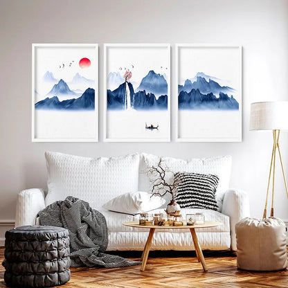 Japanese Blue Landscape Chinese Mountain River Abstract Posters Prints Canvas Painting Wall Art Picture for Room Home Decor - NICEART