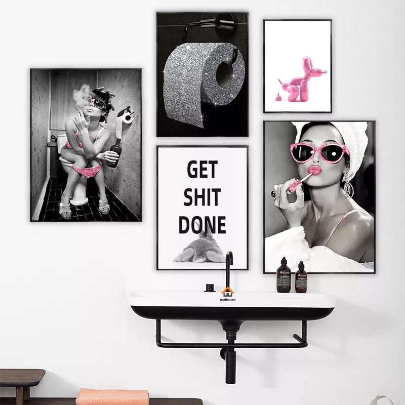 Poster WC Toilet Decoration Wall Art Sexy Naked Woman Fashion Decorative Paintings Bling Roll Paper Canvas Pictures For Bathroom - NICEART