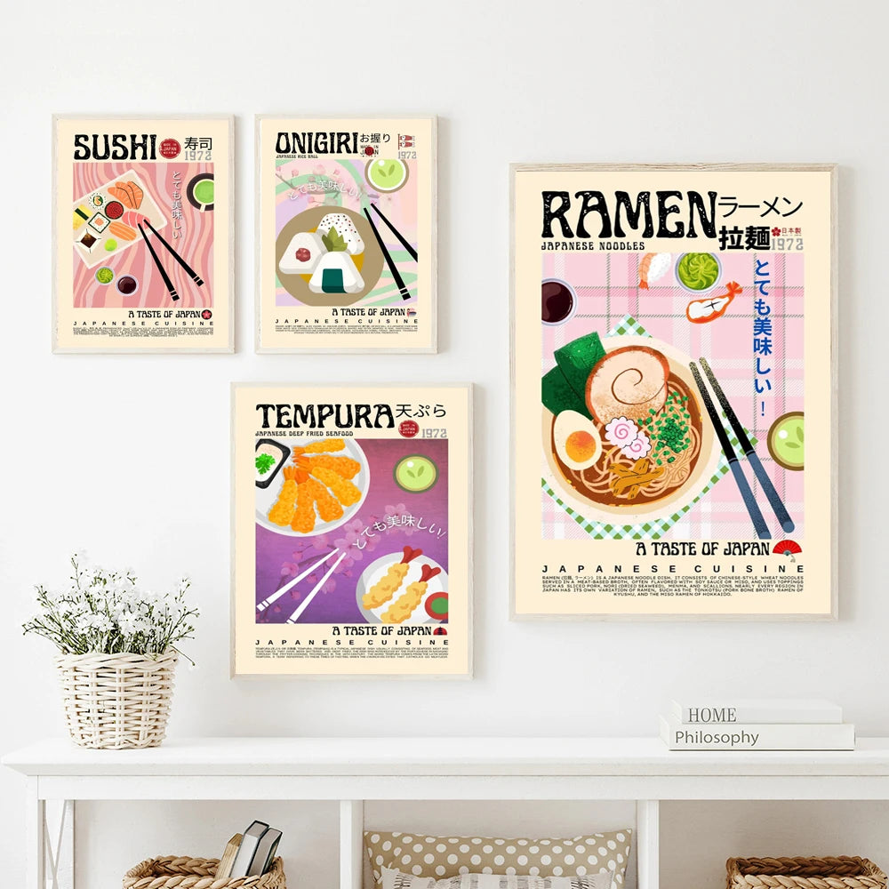 Japanese Food Retro Poster Ramen Tempura Onigiri Sushi Udon Wall Art Pictures Modern Asian Cuisine Canvas Painting Kitchen Decor - niceart