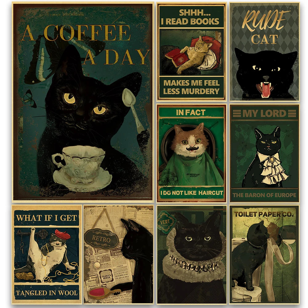 Black Cat Nostalgia Poster Kraft Paper Prints Salon Decor Cartoon Picture 2022 Arrivals Decoration Wall Sticker Bedroom Painting - NICEART