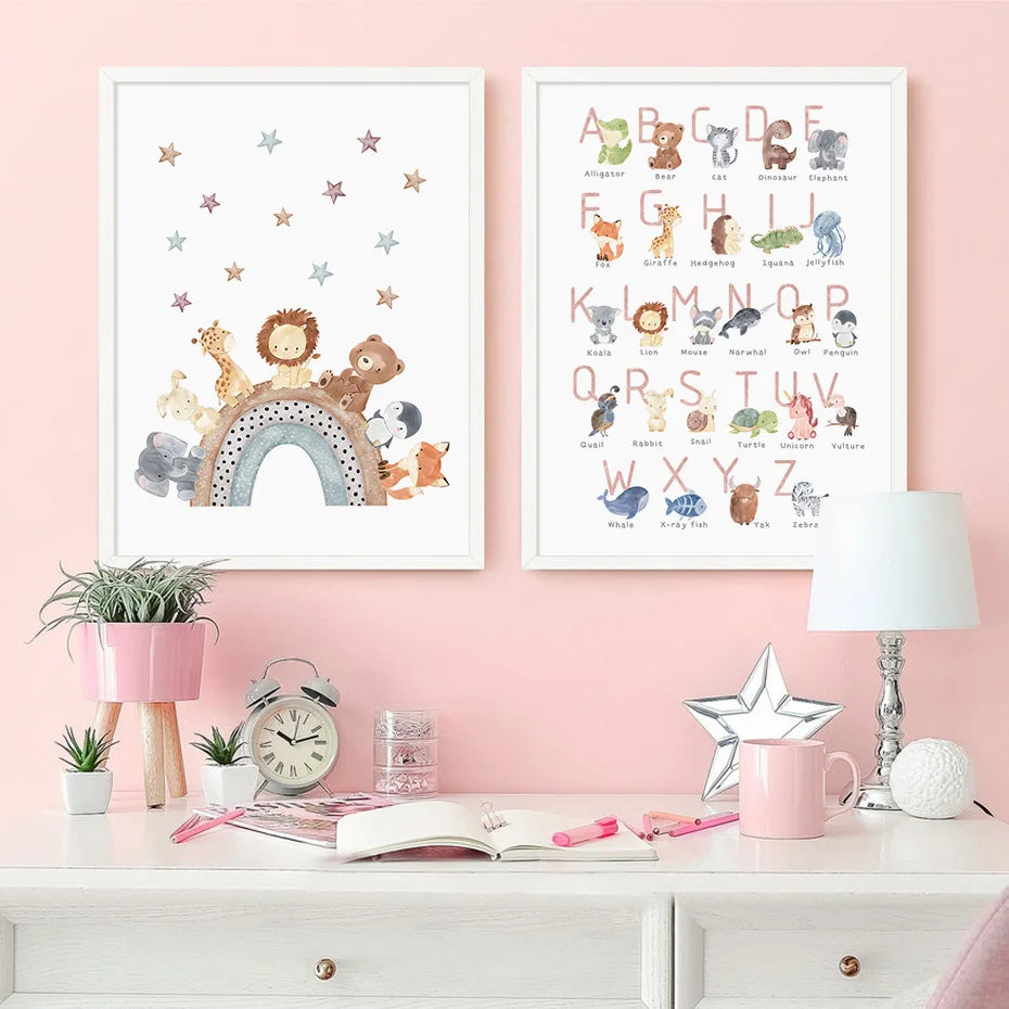 Education Poster Cartoon Animal ABC Alphabet Nursery Wall Art Print Canvas Painting Wall Pictures Kids Baby Room Classroom Decor - NICEART