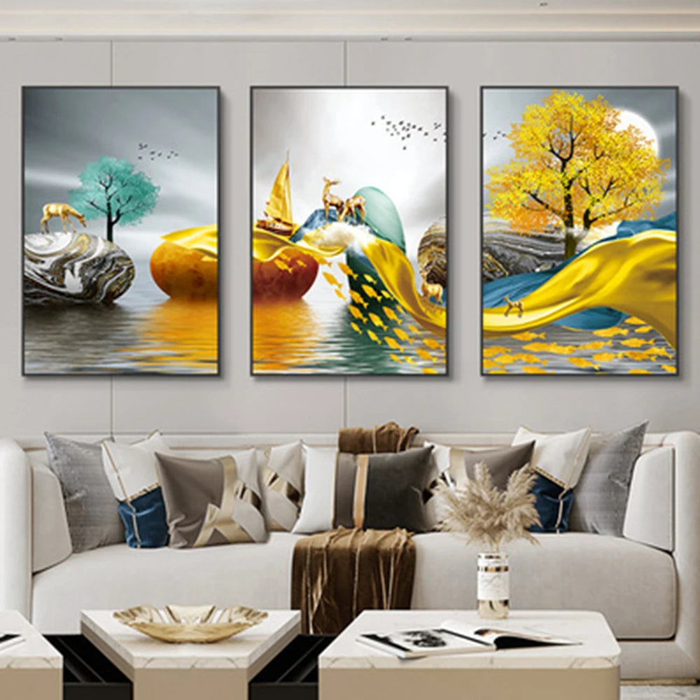 3 Pieces Nordic Luxury Ribbon Abstract Landscape Wall Art Canvas Paintings Modern Gold Deer Poster Print Picture for Home Decor - NICEART