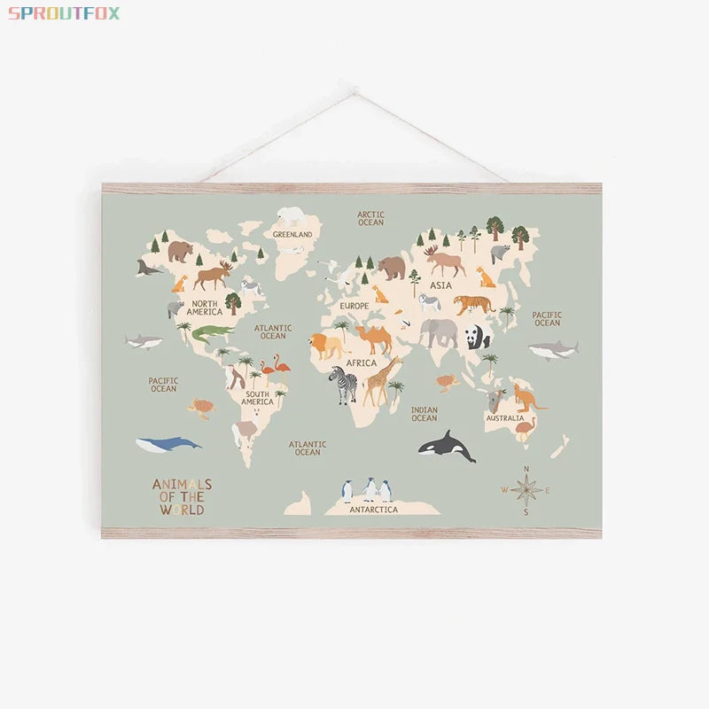 Cartoon Animal Theme World Map Canvas Painting Educational Wall Art Nursery Posters and Prints Decoration Painting Kids Room - NICEART