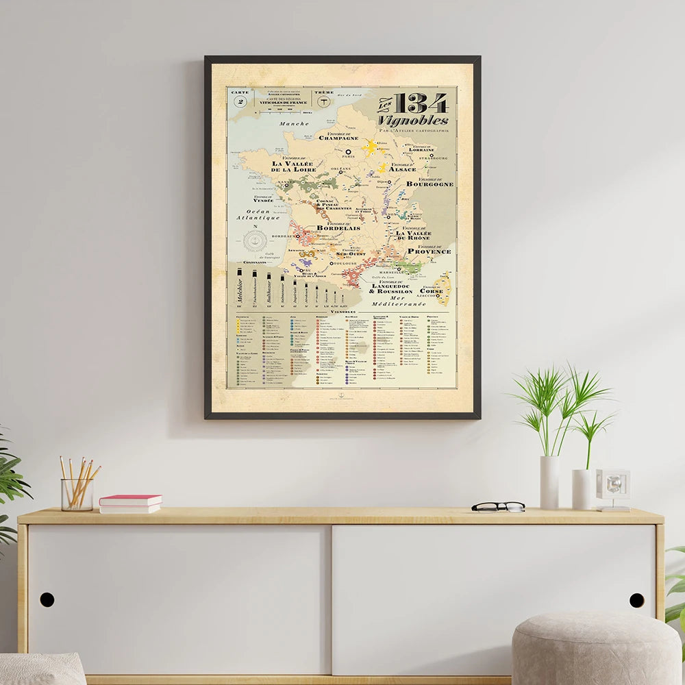 Vines Map Of France Old School Retro Map Europe City Wall Art Poster Print Kids Education Quote Room Home Decor Canvas Painting - NICEART