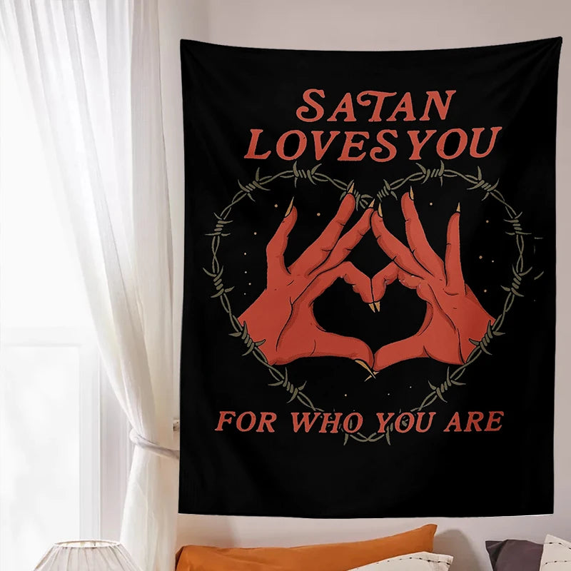 Tarot Card Tapestry Wall Hanging Satan Loves You Witchcraft Bohemian Style Tarot Decoration Hippie Mattress Dorm Room poster