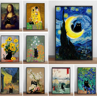 Famous Paintings Mona Lisa Starry Night With Funny Black Cat Poster Canvas Painting Sunflower Reproduction Wall Art Home Decor - niceart