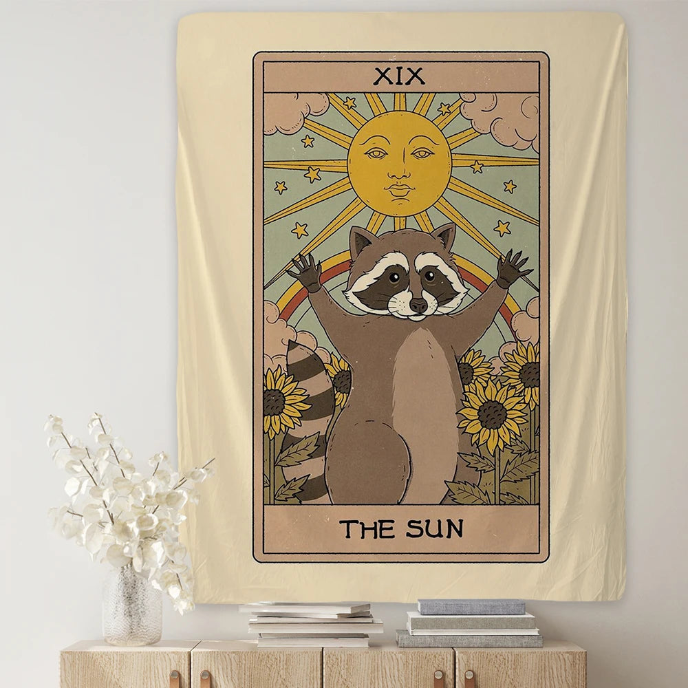 Cute Raccoon Tarot Tapestry Phycadelic Wall Hanging Mysterious Art Wall Boho Witchcraft Hippie Kawaii Aesthetic Room Home Decor - NICEART