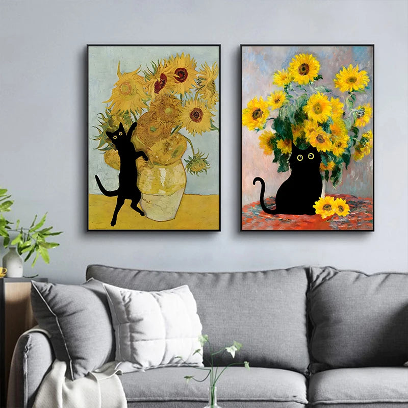 Famous Paintings Mona Lisa Starry Night With Funny Black Cat Poster Canvas Painting Sunflower Reproduction Wall Art Home Decor - niceart