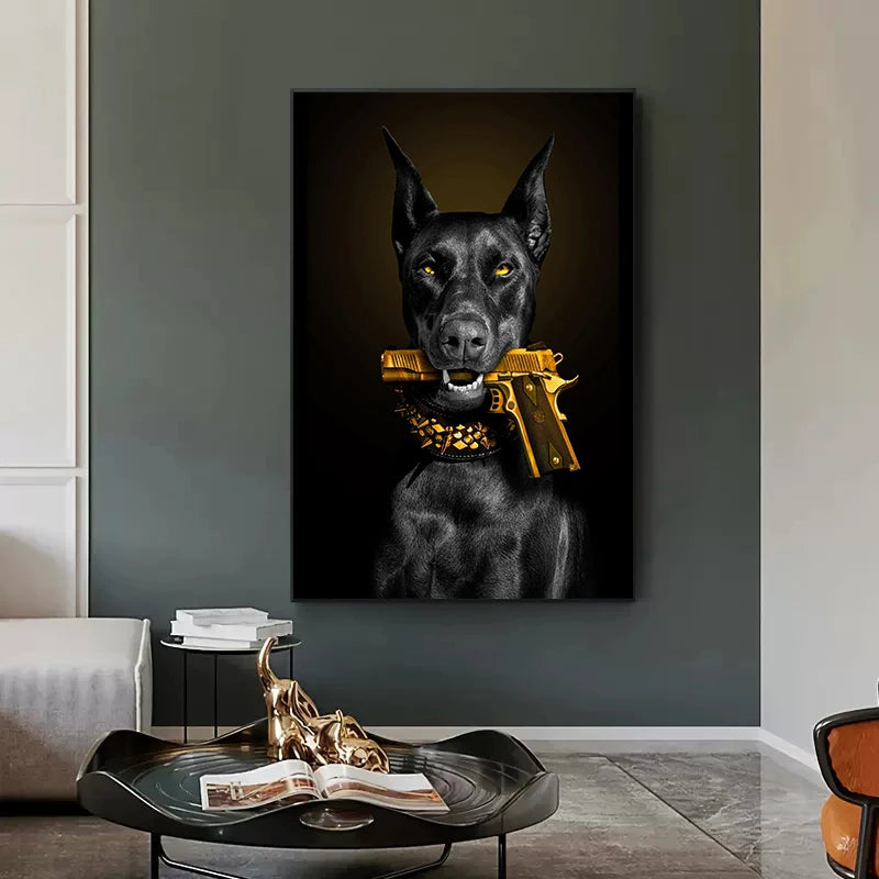 Fashion Black Doberman Dog Lion With A Pistol Poster Canvas Painting Luxury Animal Wall Art Picture For Living Room Home Decor - NICEART