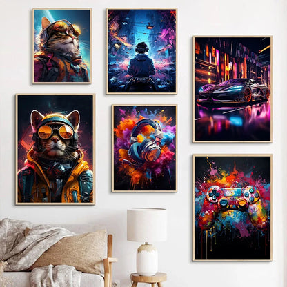 Colorful Neon Lights Sunglasses Cat Posters Prints Earphones Game Controllers Canvas Paintings Wall Art Pictures for Home Decor - NICEART