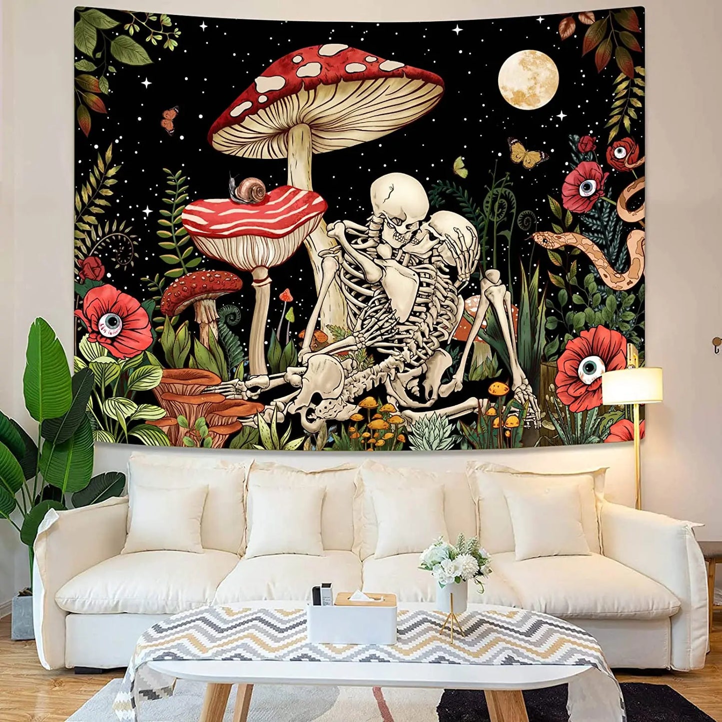 Mushroom Skull Tapestry Wall Hanging Skeleton Floral Tapestries Aesthetic Room Decor Trippy Plant Nature Art Bedroom Decoration