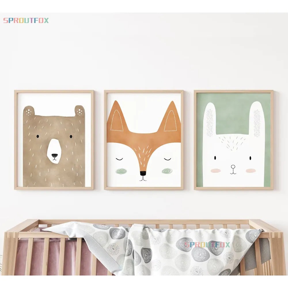 Woodland Animal Bear Fox Deer Rabbit Canvas Painting Nursery Wall Art Poster Children Baby Room Decoration Home Decor Picture - niceart