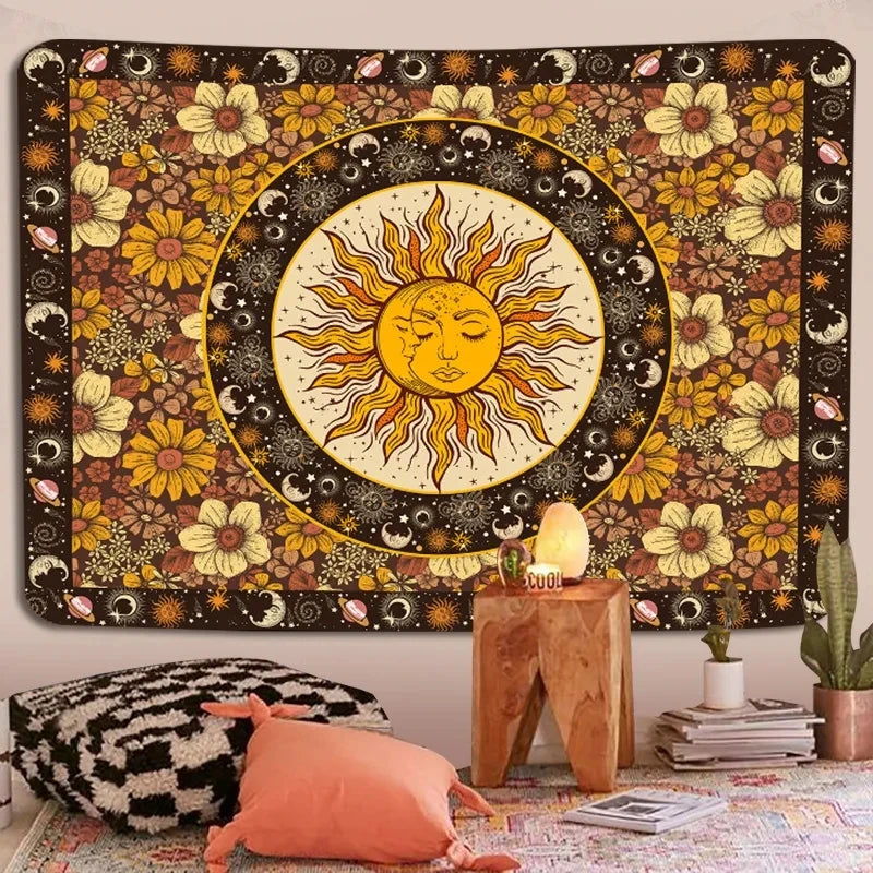 Sun Moon Tapestry Vintage Boho Tapestries Wall Hanging with Sunflowers Moth Constellation Aesthetic for Bedroom Dorm Living Room - NICEART