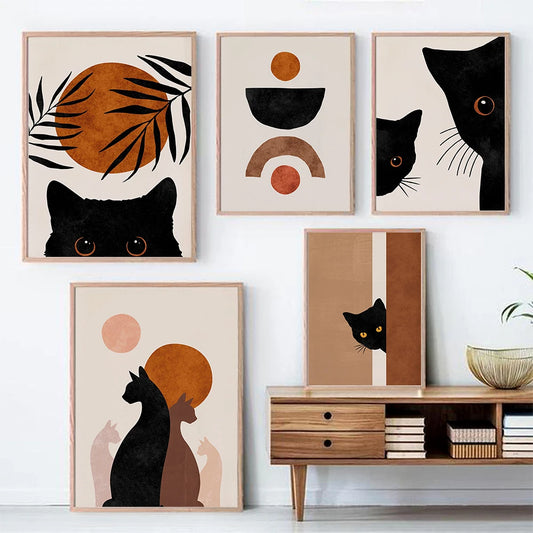 Abstract Boho Sun Bowls Black Cats Print Wall Art Nursery Decor Minimalist Neutral Cat Canvas Painting Modern Room Decor Poster - NICEART