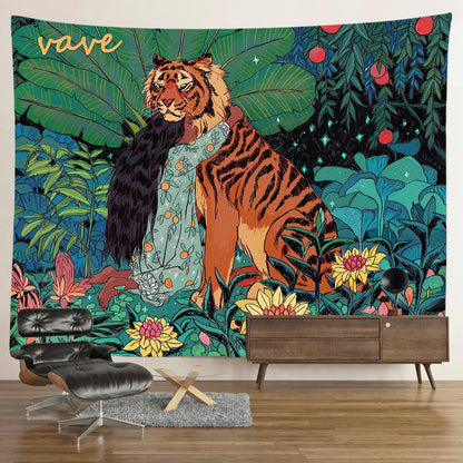 Hippie Psychedelic Tiger Tapestry Wall Hanging Boho Room Decor Aesthetic Mysterious Flower Jungle Moon Landscape Forest Tapestry