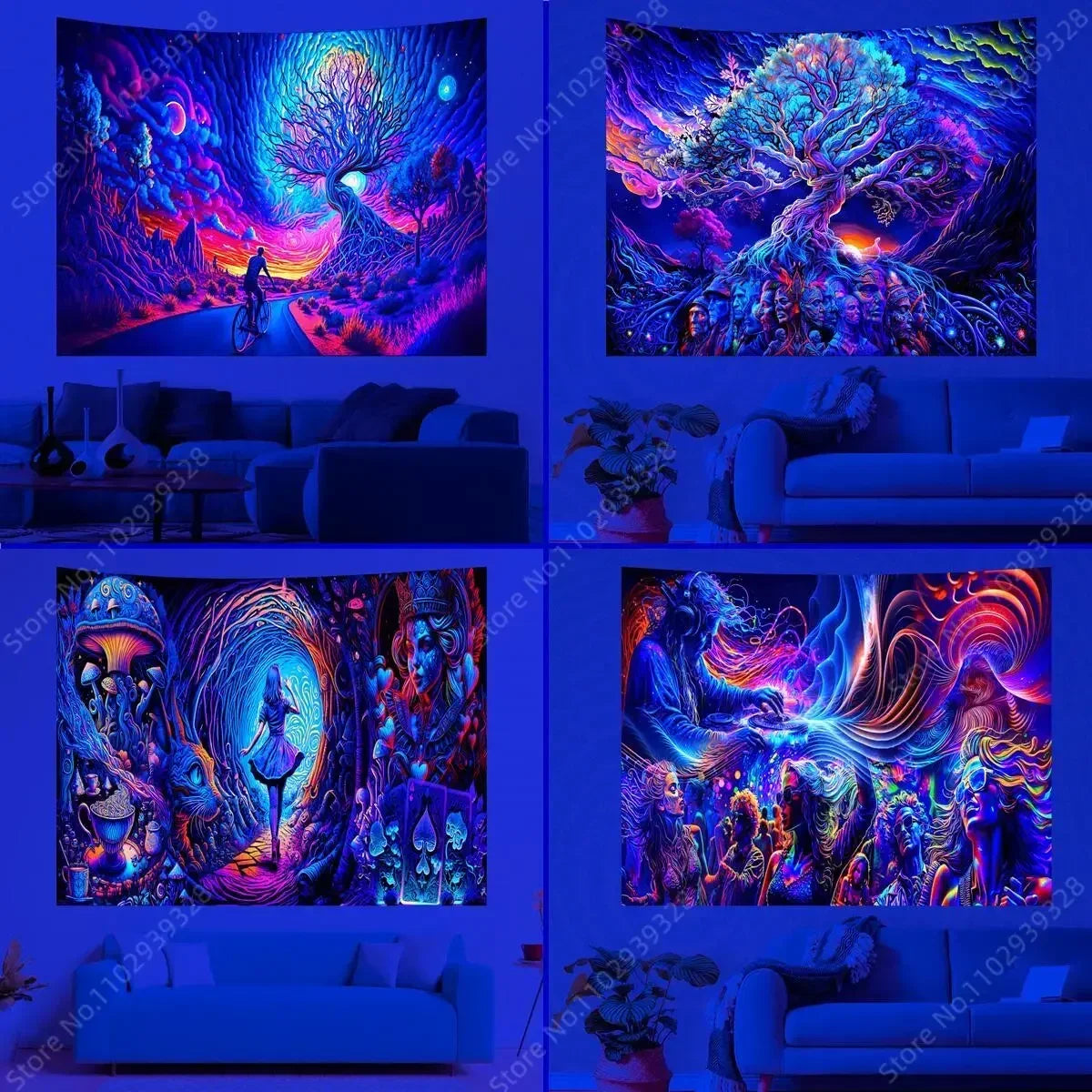 Psychedelic Figure UV Reactive Tapestry Trippy Colorful Landscape Wall Hanging Neon Tapestries for Room Decor Party Decor