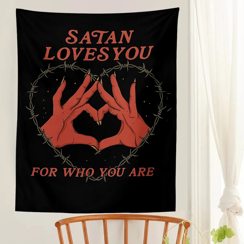 Tarot Card Tapestry Wall Hanging Satan Loves You Witchcraft Bohemian Style Tarot Decoration Hippie Mattress Dorm Room poster - NICEART