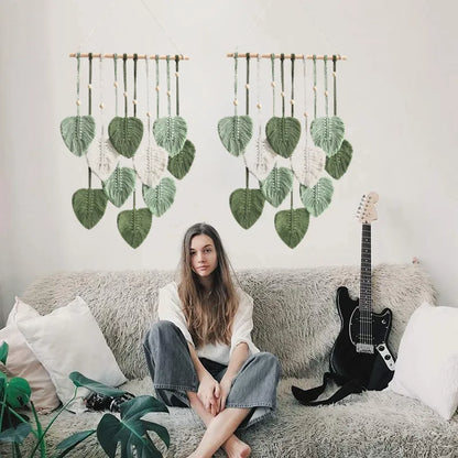 Leaf Macrame Wall Hanging Boho Woven Wall Tapestry Leave Tassels Ornaments Home Living Room Wedding Decoration Handmade Art Gift