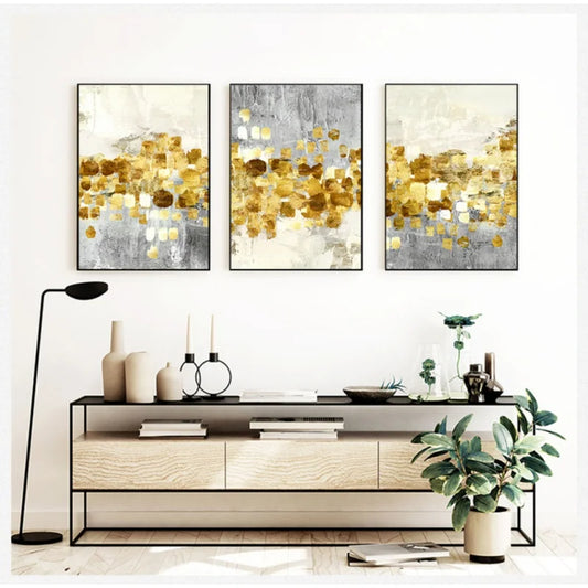 Modern Nordic Abstract Wall Art Grey Gold Wall Texture Color Block Posters And Prints Gold Foil Oil Painting Living Room Decorat - NICEART