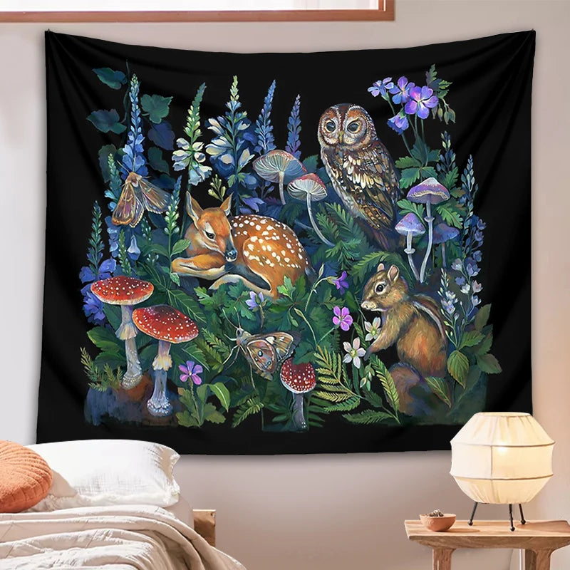 Enchanted Forest Tapestry Wall Hanging Botanical Celestial Mushroom Wild Flower Magic Wall Carpets Dorm Decor Starry Sky Carpet - NICEART