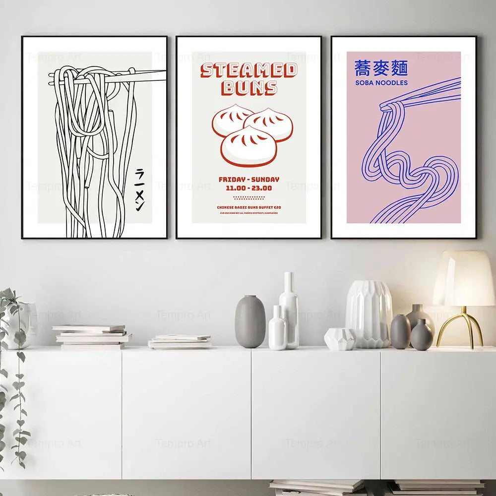 Modern Kitchen Decor Japanese Chinese Food Poster Ramen Teamed Stuffed Bun Cartoon Canvas Painting Wall Art Pictures Decoration - NICEART