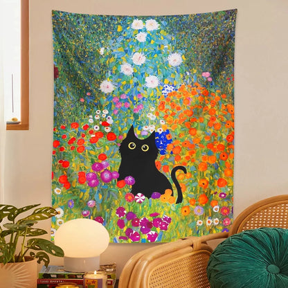 Garden Cat Tapestry Wall Hanging Oil Painting Garden Plants Flowers Cute Cat Psychedelic Bohemia Room Art Home Decor Gift