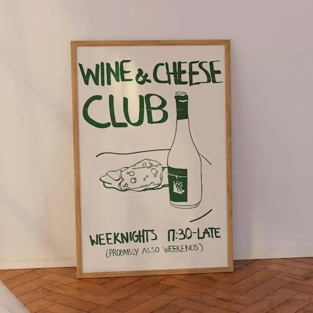 Mid Century Modern Wine and Cheese Club  Vintage Food Quotes Wall Art Canvas Painting Posters For Kitchen Room Home Decor - NICEART