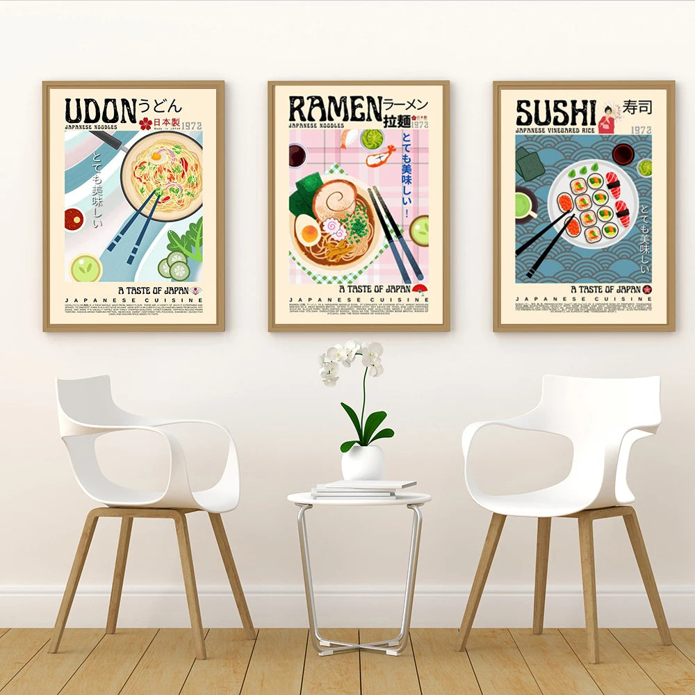 Japanese Food Retro Poster Ramen Tempura Onigiri Sushi Udon Wall Art Pictures Modern Asian Cuisine Canvas Painting Kitchen Decor - niceart