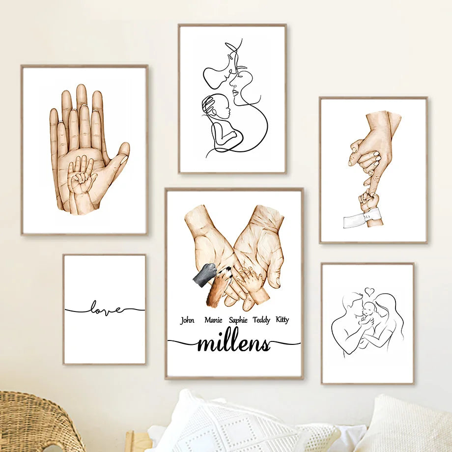 Family Hands Posters And Prints Personalized Name Birthday Gift Wall Art Line Canvas Painting Modern Children's Room Home Decor - NICEART