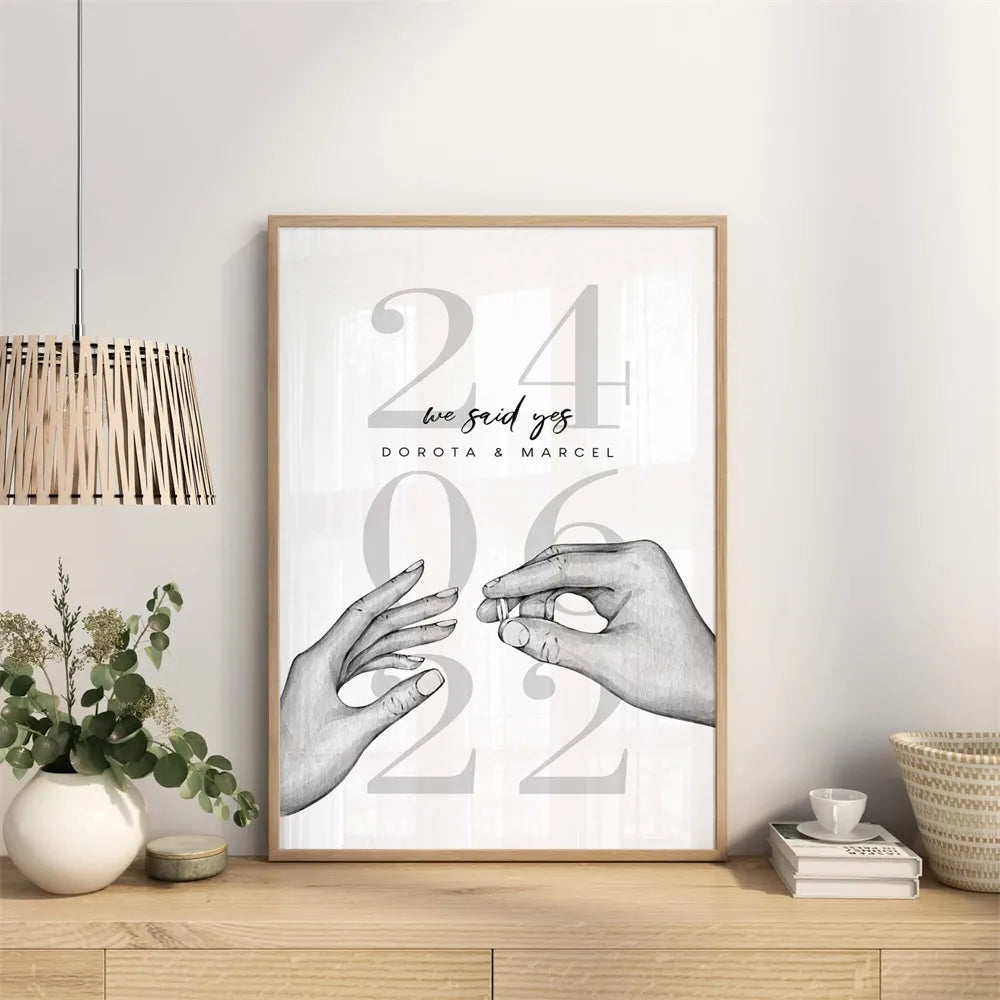 Lover Personalized Poster We Said Yes Name Date Custom Art Print Black White Canvas Painting Wall Picture Wedding Decor Gifts - NICEART