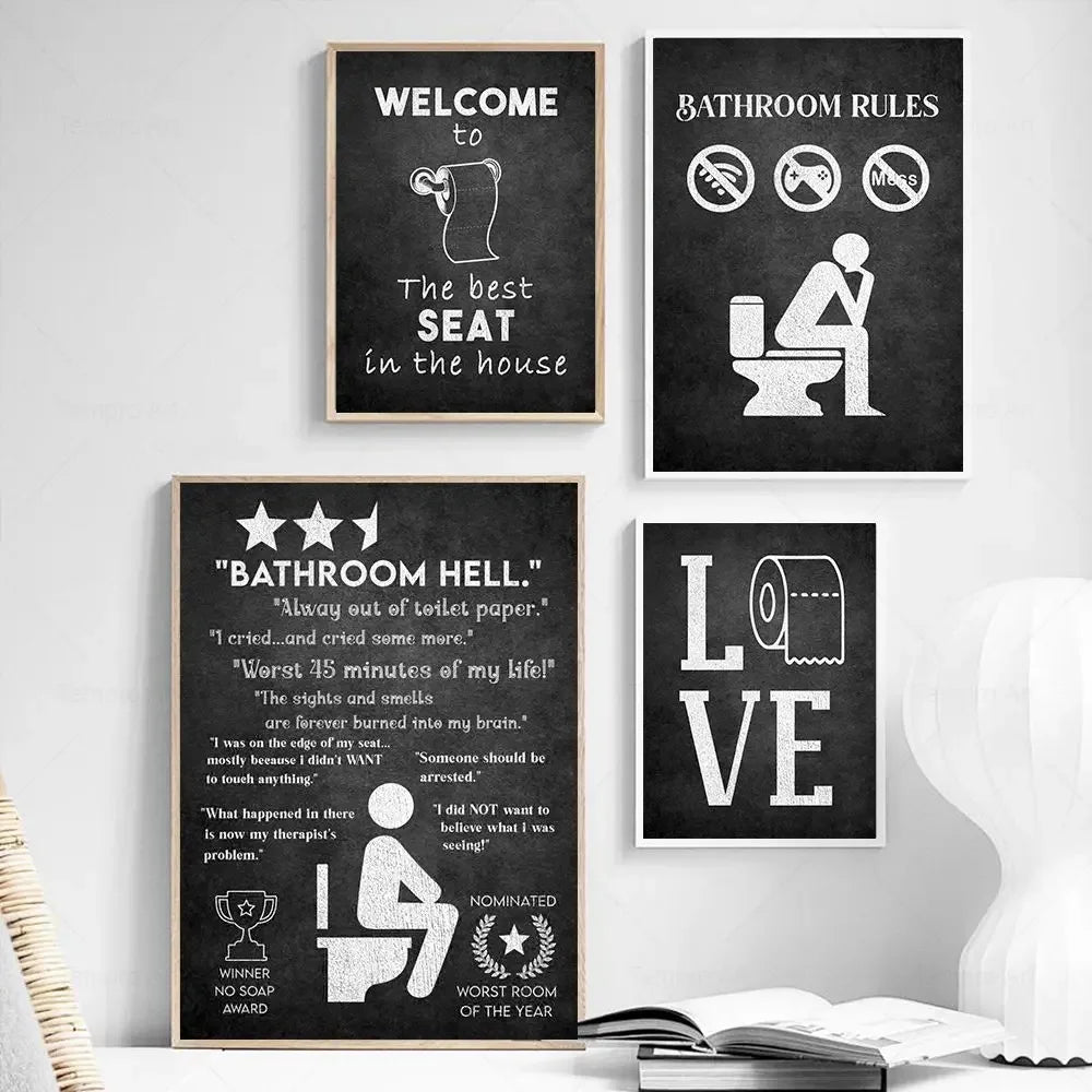 Bathroom Hell Funny Best Seat Toilet Paper Posters Print Humor Black White Quotes Canvas Painting Wall Art Bathroom Room Decor - NICEART