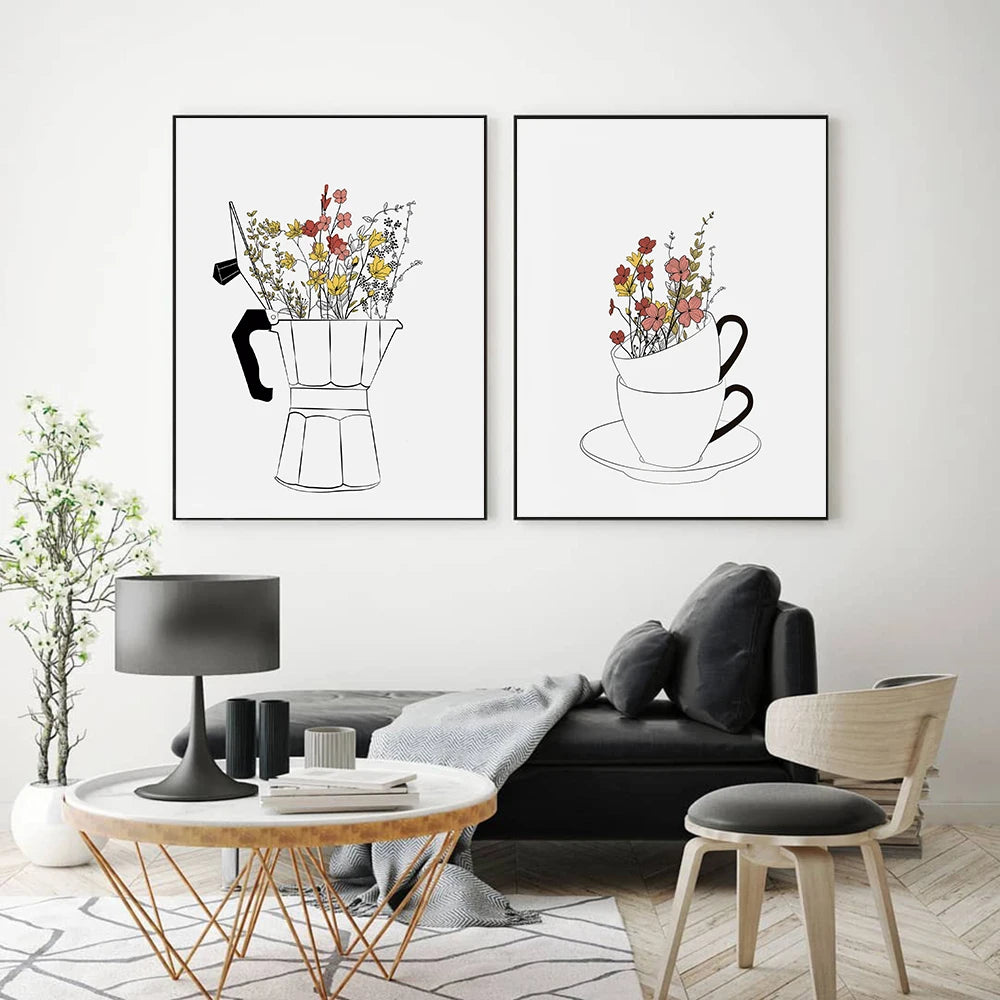 Coffee Lover Canvas Painting Cups Flowers Painting Modern Nordic Wall Art Posters for Living Room Coffee Shop Kitchen Home Decor - niceart