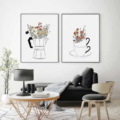 Coffee Lover Canvas Painting Cups Flowers Painting Modern Nordic Wall Art Posters for Living Room Coffee Shop Kitchen Home Decor - niceart